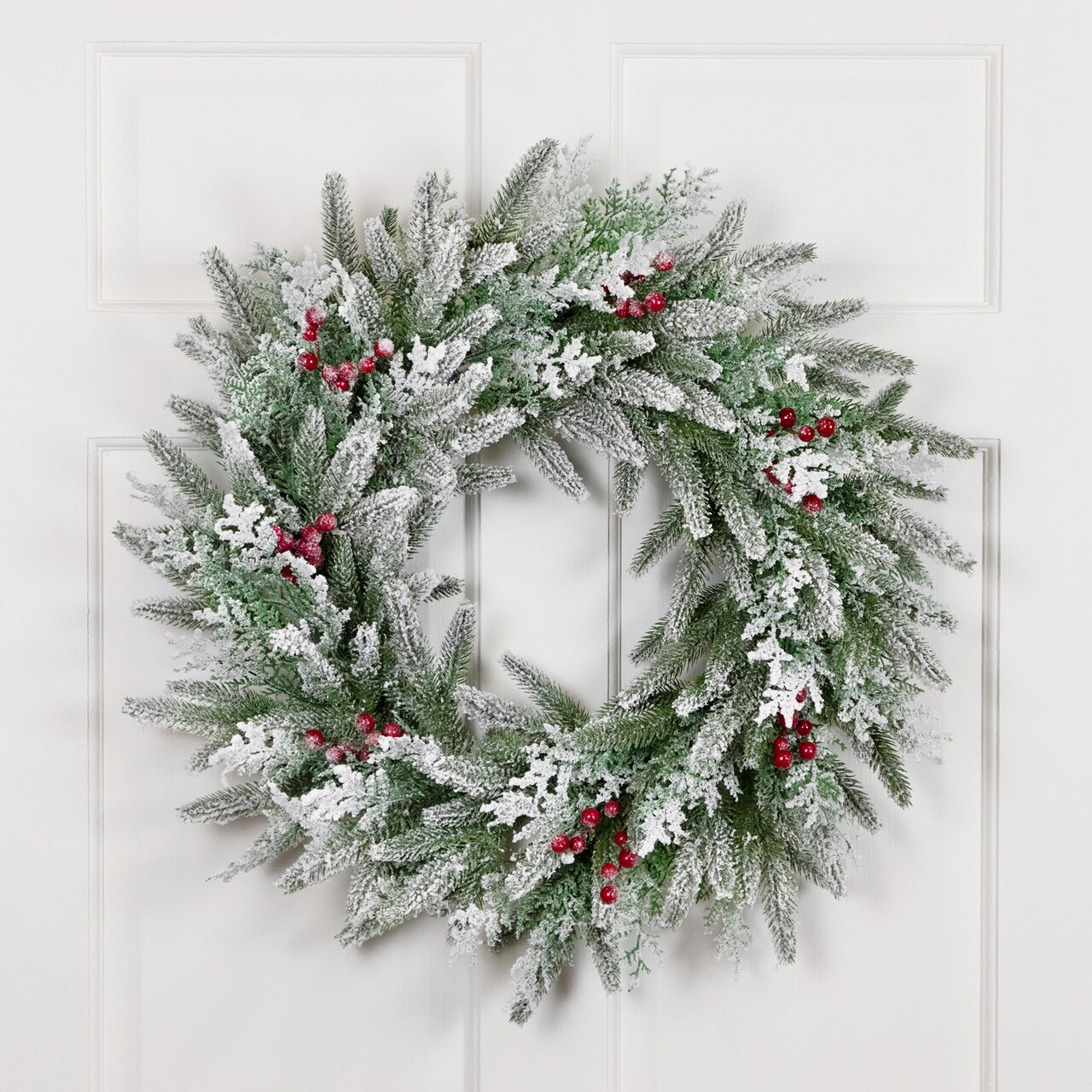 Northlight Real Touch™️ Flocked Wind River Fir with Berries Artificial Christmas Wreath - 24" - Unlit